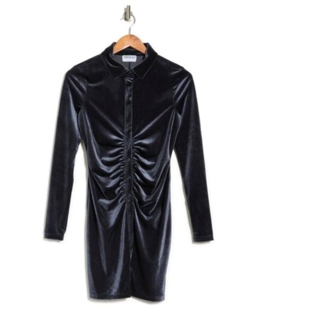 Sophie Rue Collared Ruched Button Down Velvet Mini Dress - Picture 2 of 7